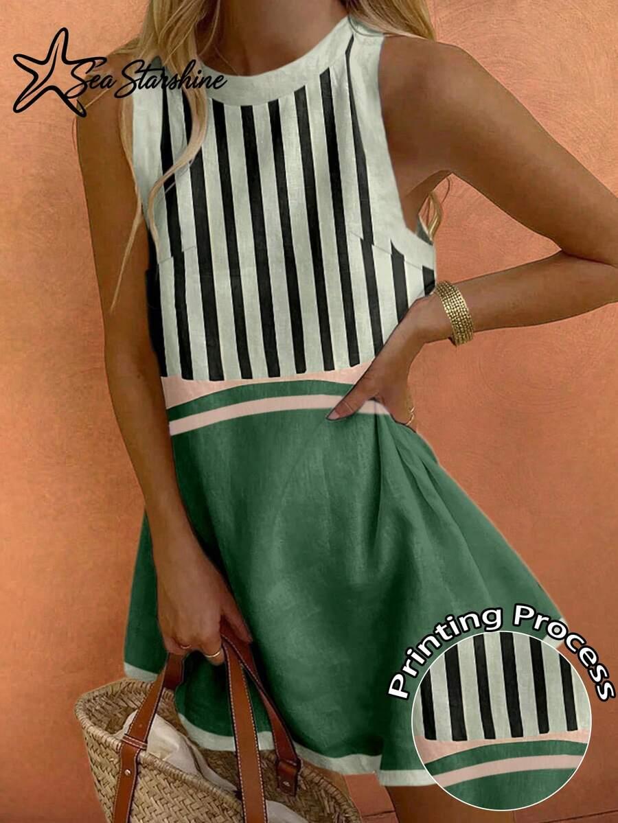 casual vacation style striped green sleeveless slip dress