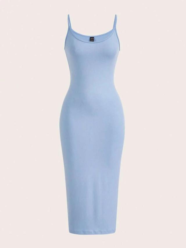 solid light blue cami bodycon midi dress