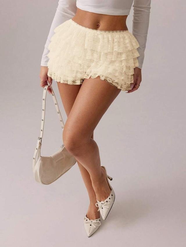 apricot lace layered ruffle hem low waist shorts