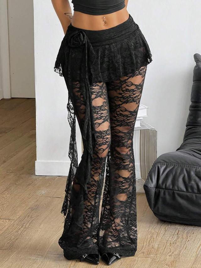 black floral lace flare pants with ribbon detail
