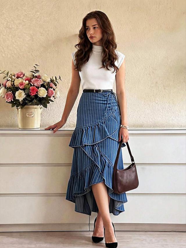 striped denim wrap skirt with ruffled hem