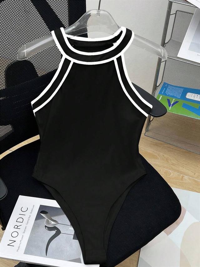 contrast color trim halter neck black bodysuit