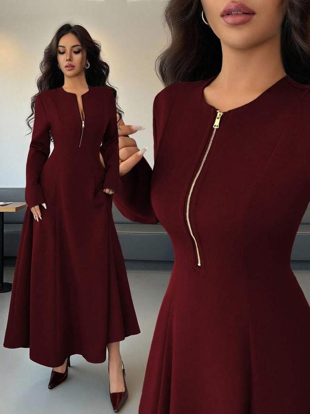 elegant coffee brown front zipper midi dress
