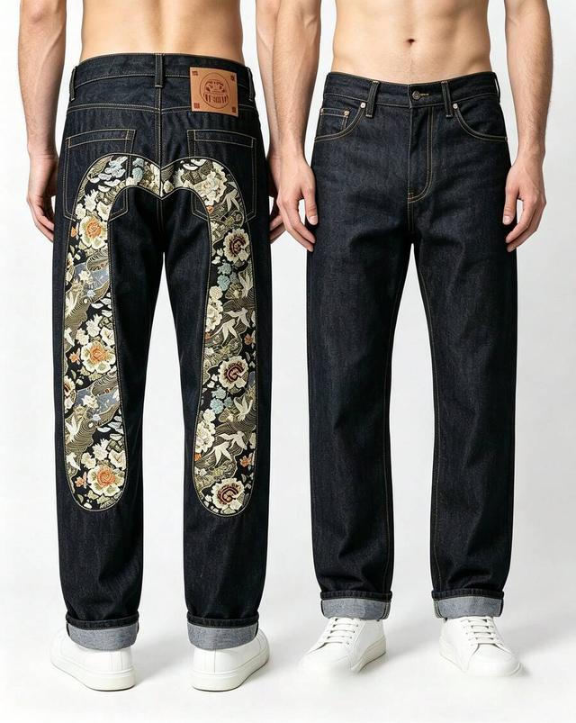 men dark denim floral embroidered slim straight jeans