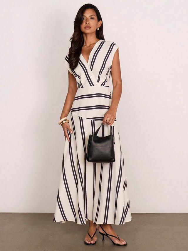navy and white striped v-neck a-line dress