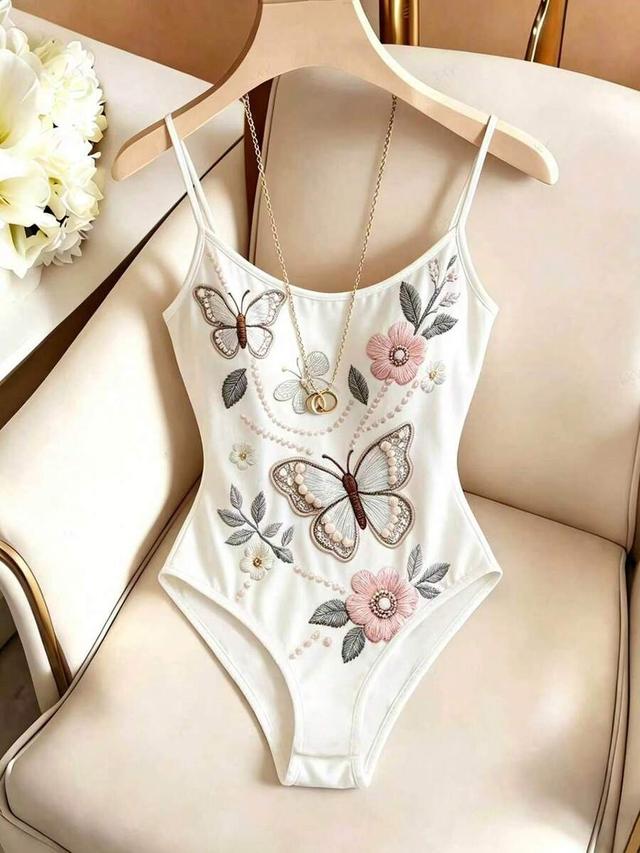 white floral embroidered butterfly print fitted bodysuit