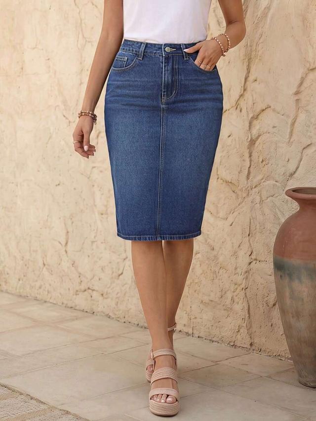 classic dark wash denim pencil skirt
