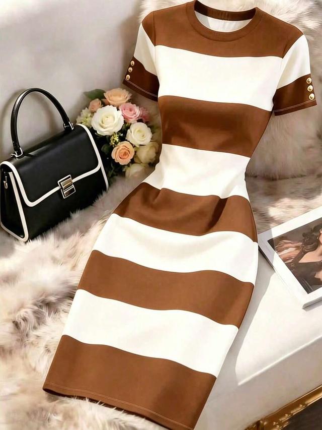 brown and white striped sheath dress with gold buttons