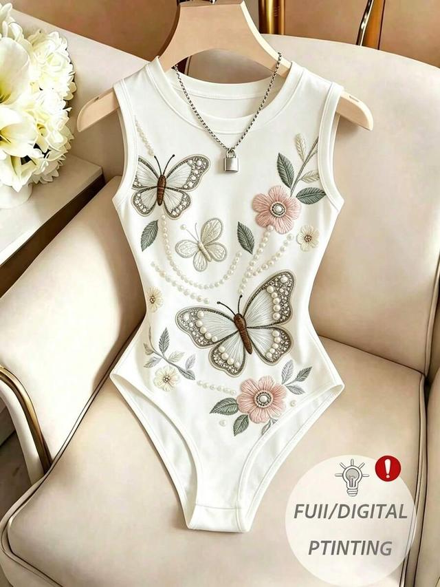 white sleeveless round neck butterfly print bodysuit