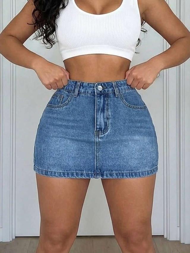 women's washed blue denim mini skirt