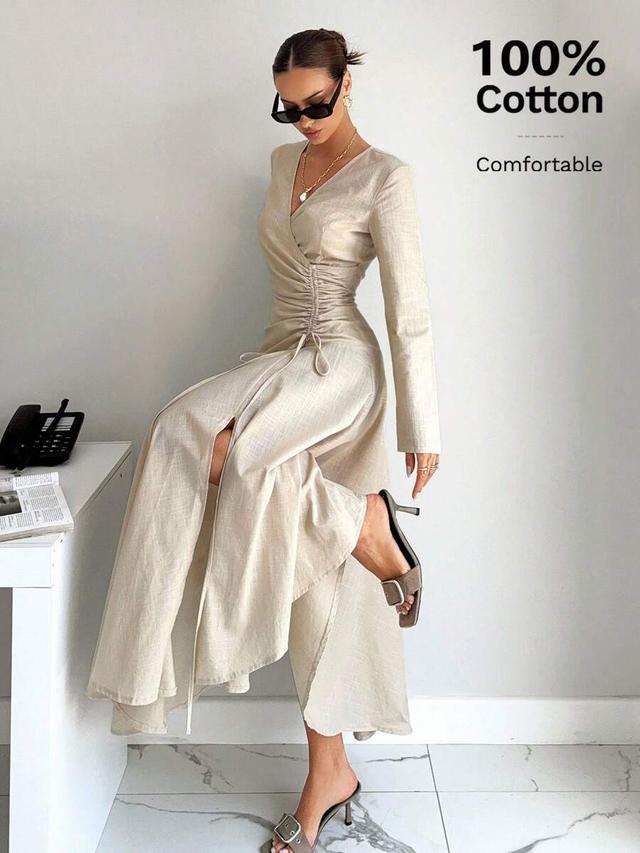 beige cotton linen ruched waist asymmetrical hem dress