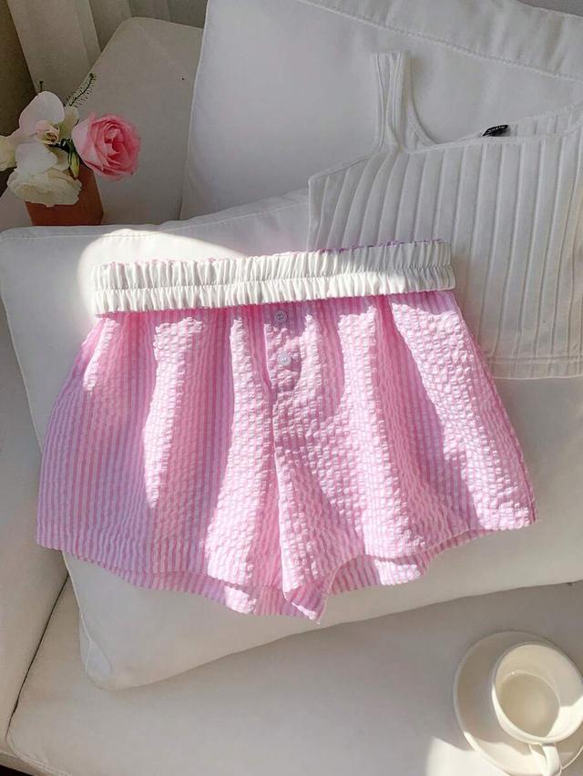 pink striped seersucker elastic waist casual shorts
