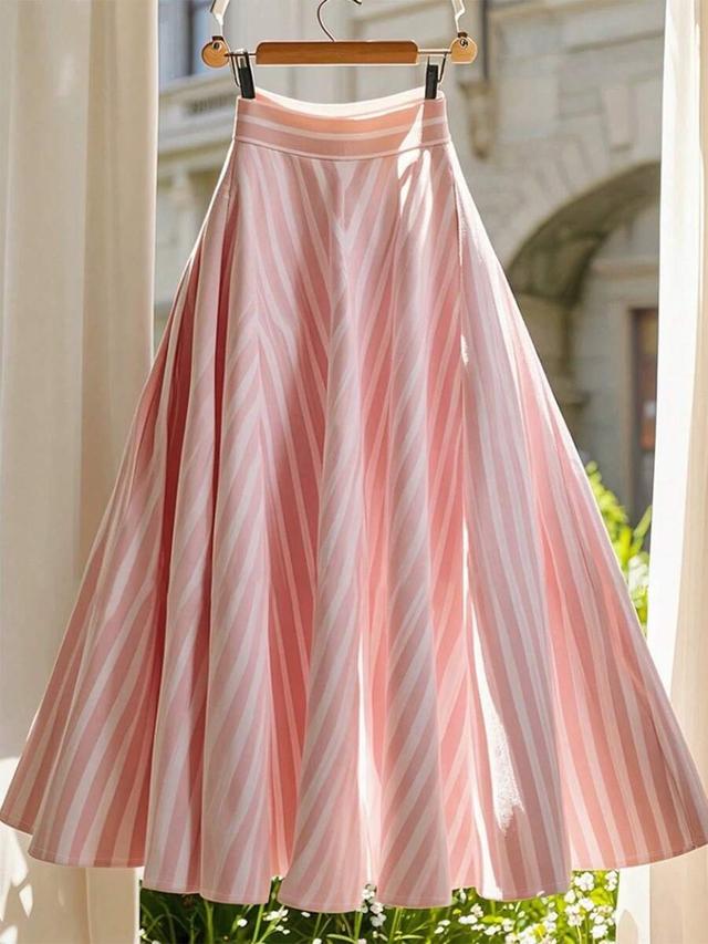 pink and white striped a-line midi skirt