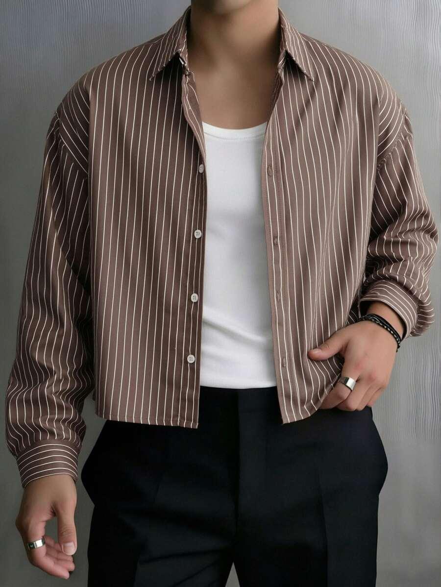 men's brown striped casual button-down shirt