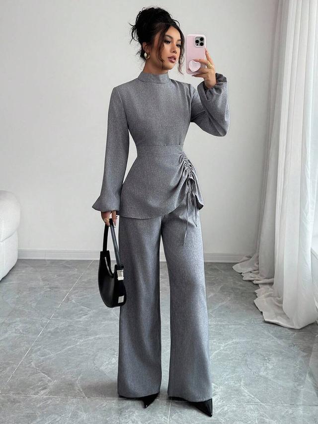 grey stand collar lantern sleeve cinched waist set