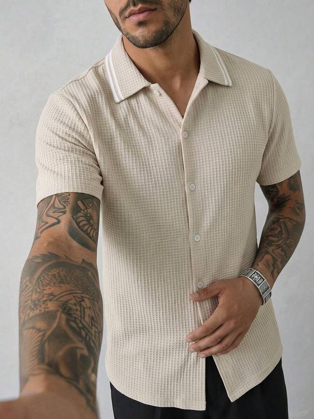 beige waffle knit short sleeve button-up shirt