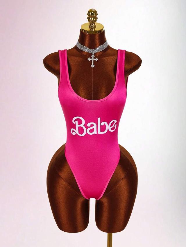 hot pink shiny fabric babe graphic bodysuit