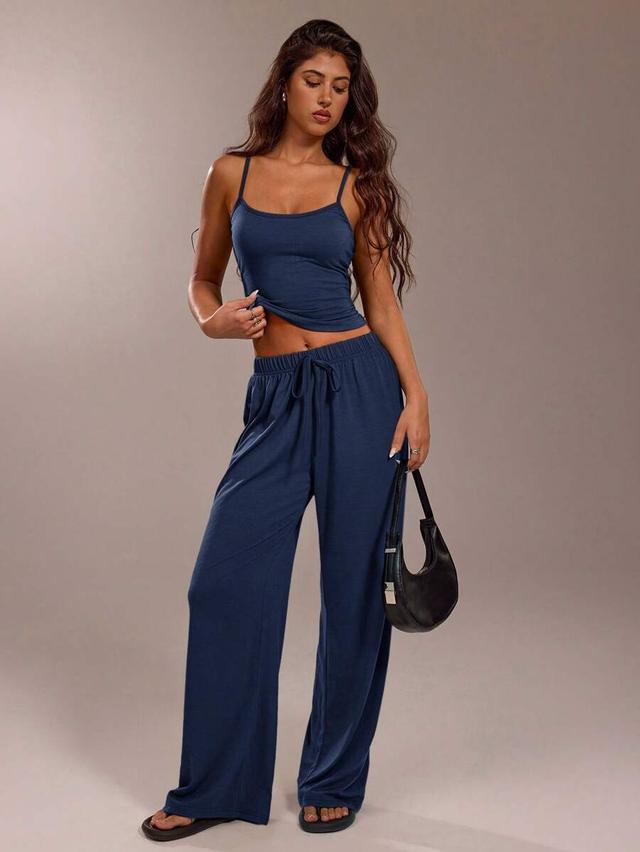 solid navy camisole top and wide leg trousers set