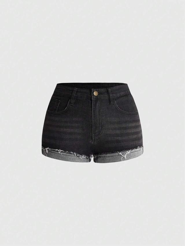 black raw hem low waist denim shorts