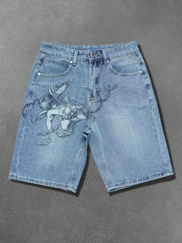 gothic angel print light wash denim shorts