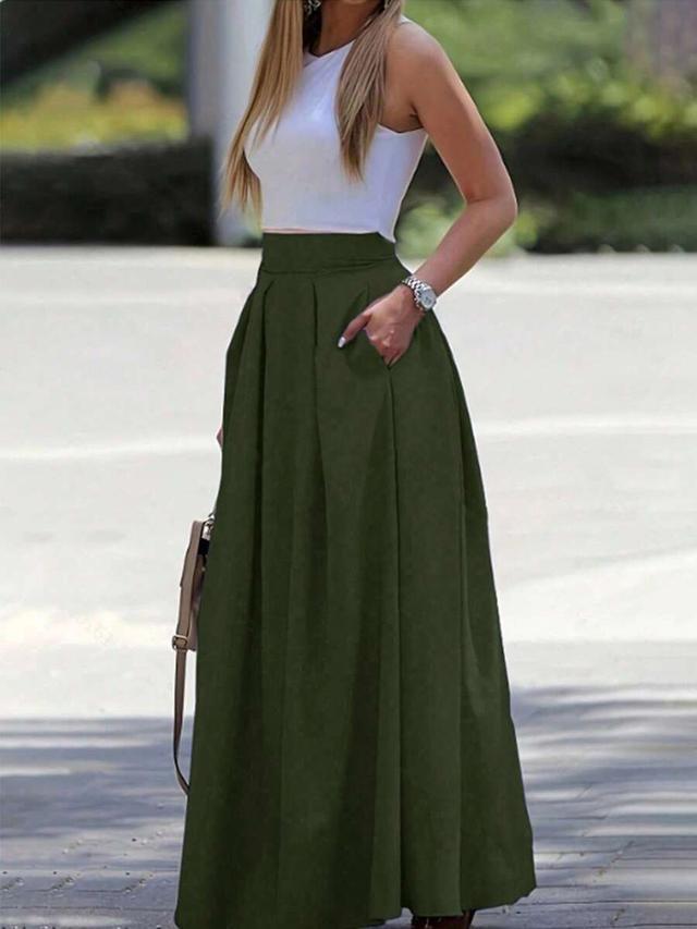balvessa a-line solid color high waist slant pocket olive green skirt