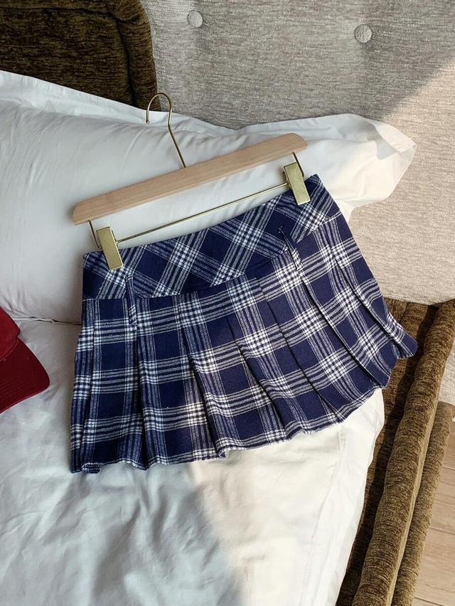 navy plaid collegiate style pleated mini skirt