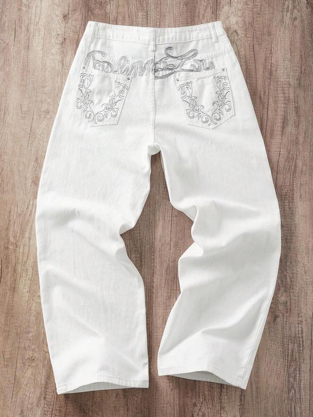 white embroidered wide-leg baggy vintage washed jeans