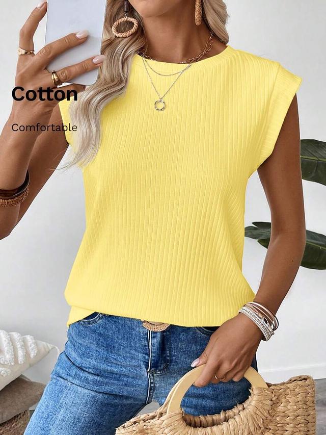 yellow ribbed round neck casual sleeveless t-shirt
