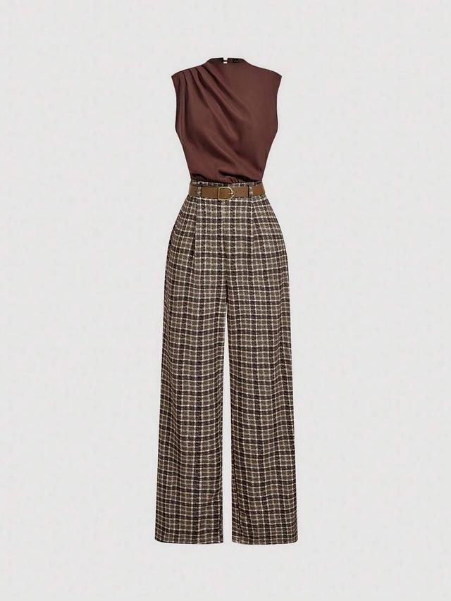 brown sleeveless plaid patchwork commuter jumpsuit