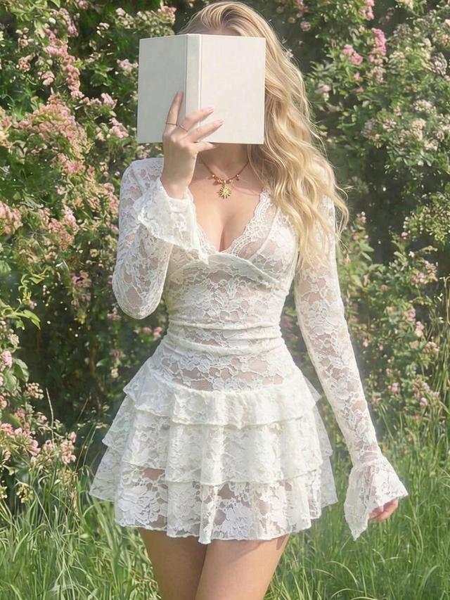 white lace deep v-neck layered ruffle mini dress