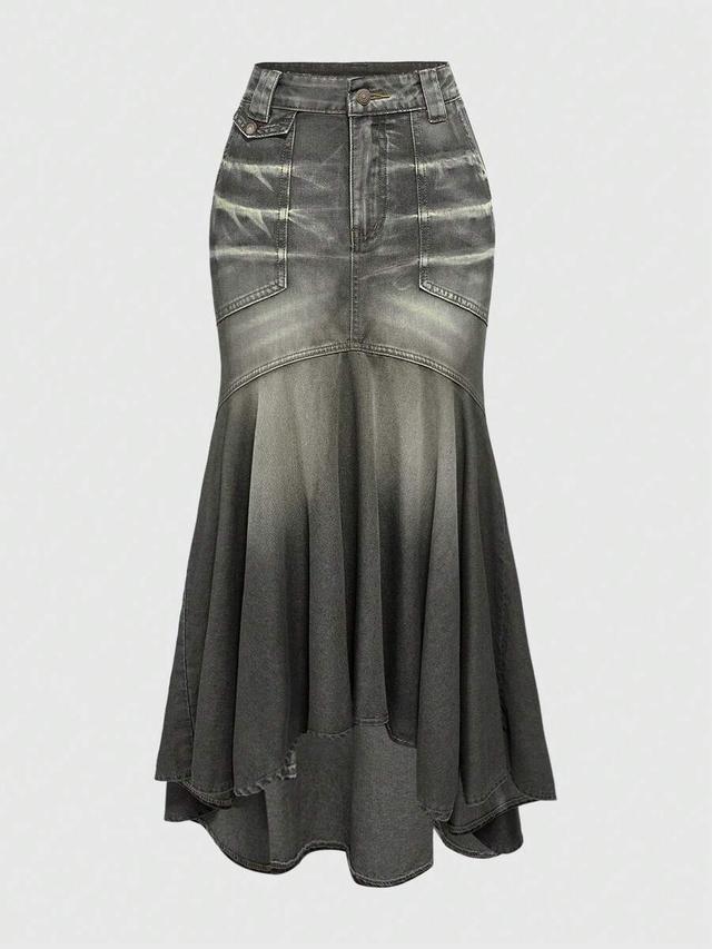 distressed wash denim fishtail maxi skirt