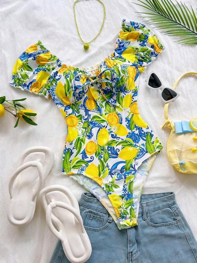 lemon print front tie puff sleeve bodysuit