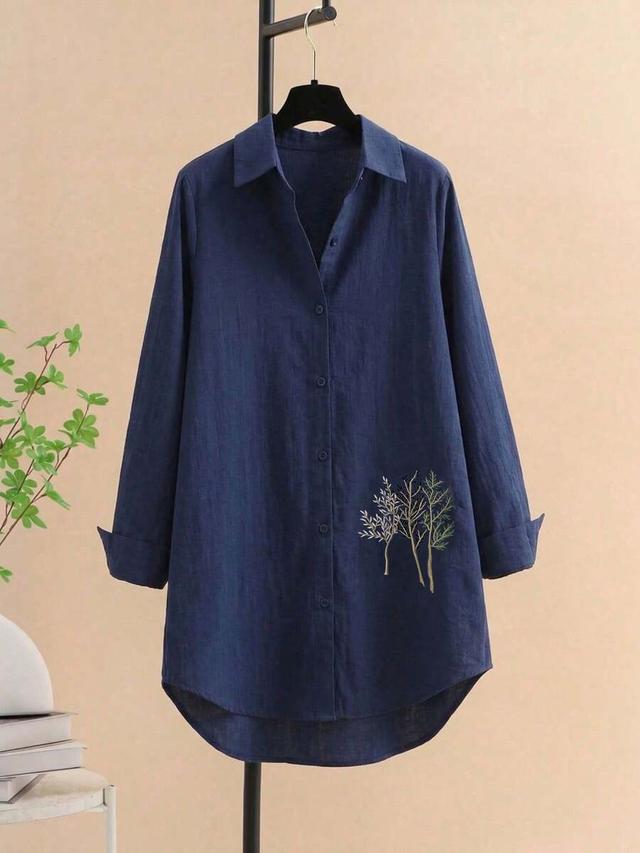 navy blue linen blend button-up shirt with tree embroidery