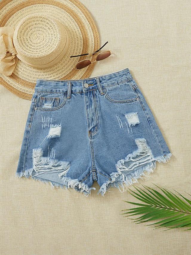 light wash distressed raw cut denim shorts