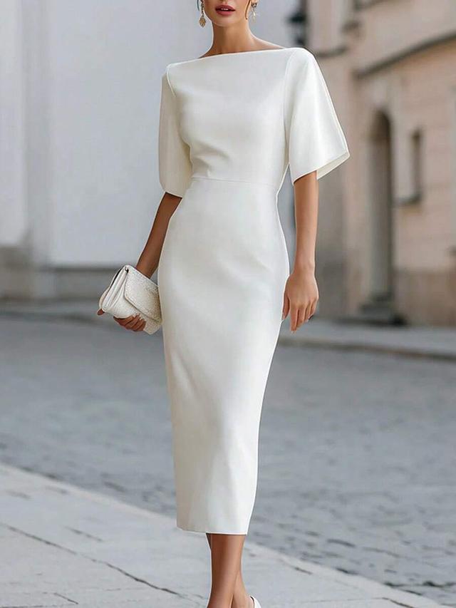 white minimalist white boat neck midi sheath dress