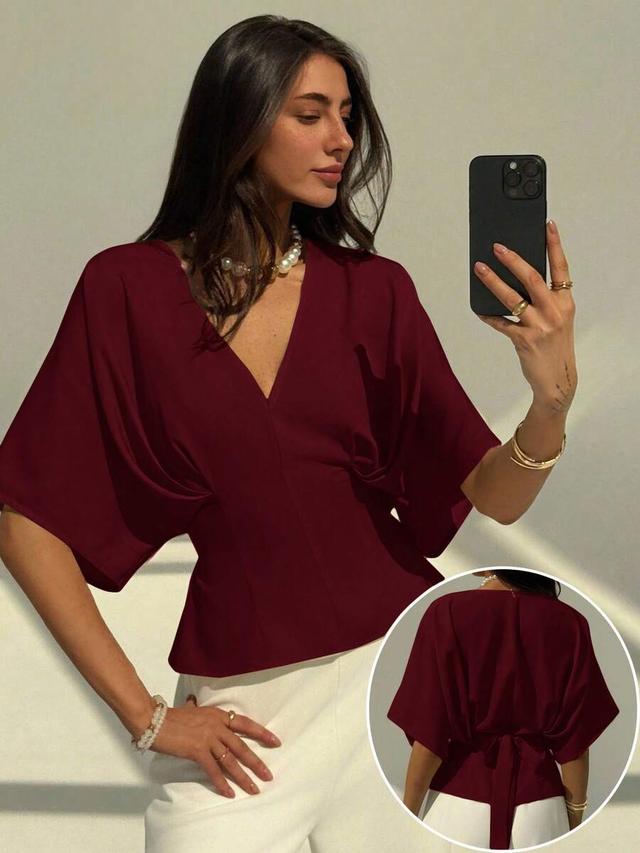 elegant burgundy short sleeve pullover blouse with tie back