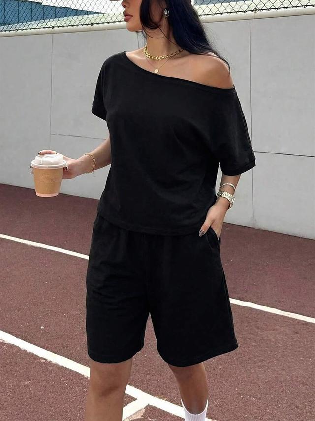 black off-shoulder casual knit sweatshirt