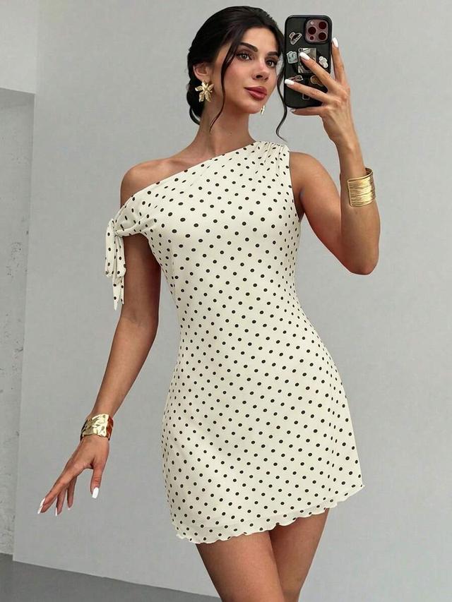 polka dot asymmetrical off-shoulder mini dress