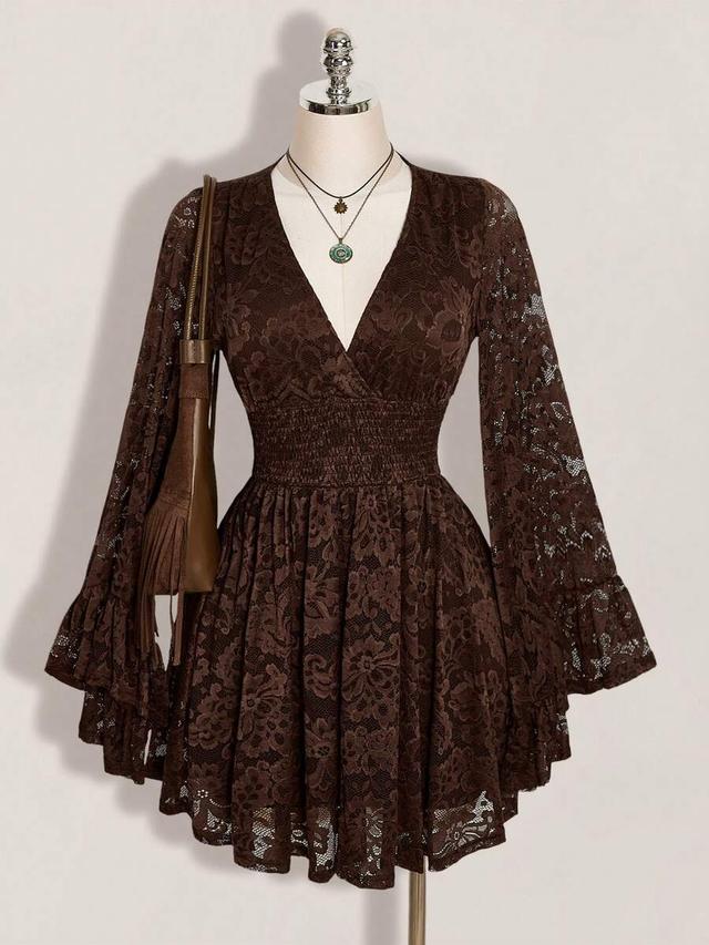 brown lace bell sleeve mini dress