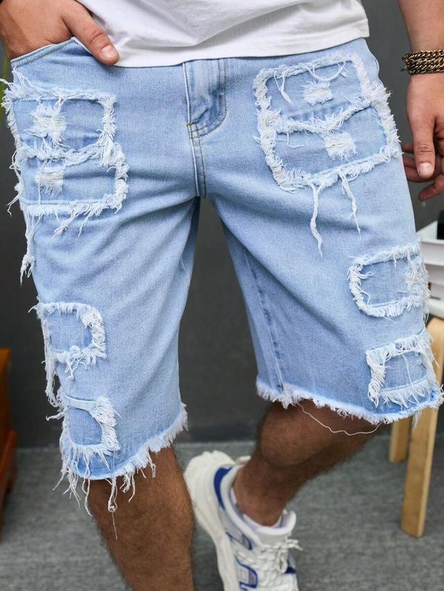 men's washed blue distressed denim jorts