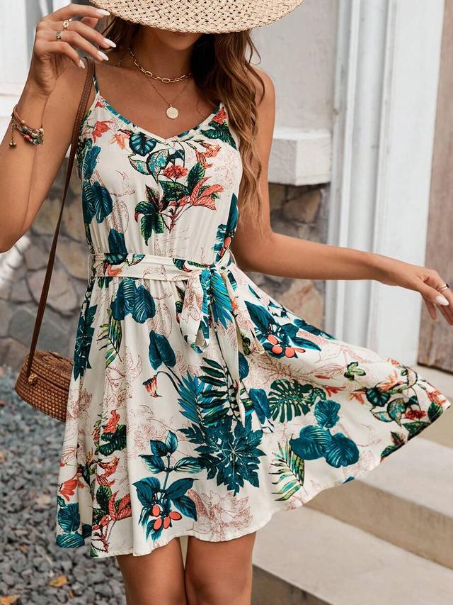 tropical print belted boho cami dress