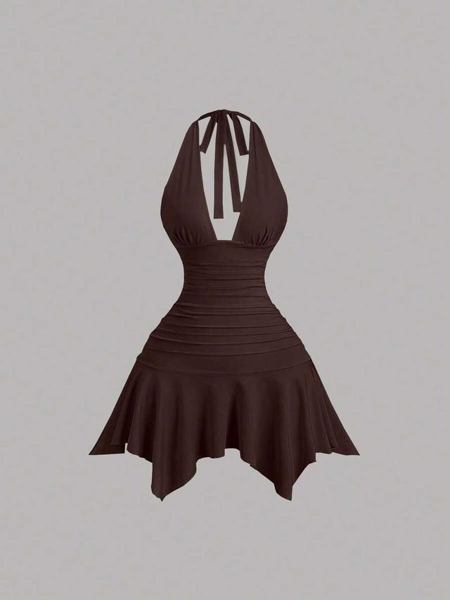 brown asymmetric hem cinched waist mini dress