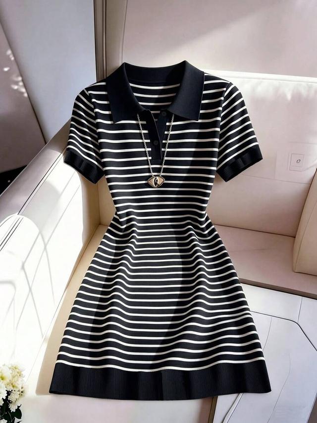 black and white striped knit polo dress