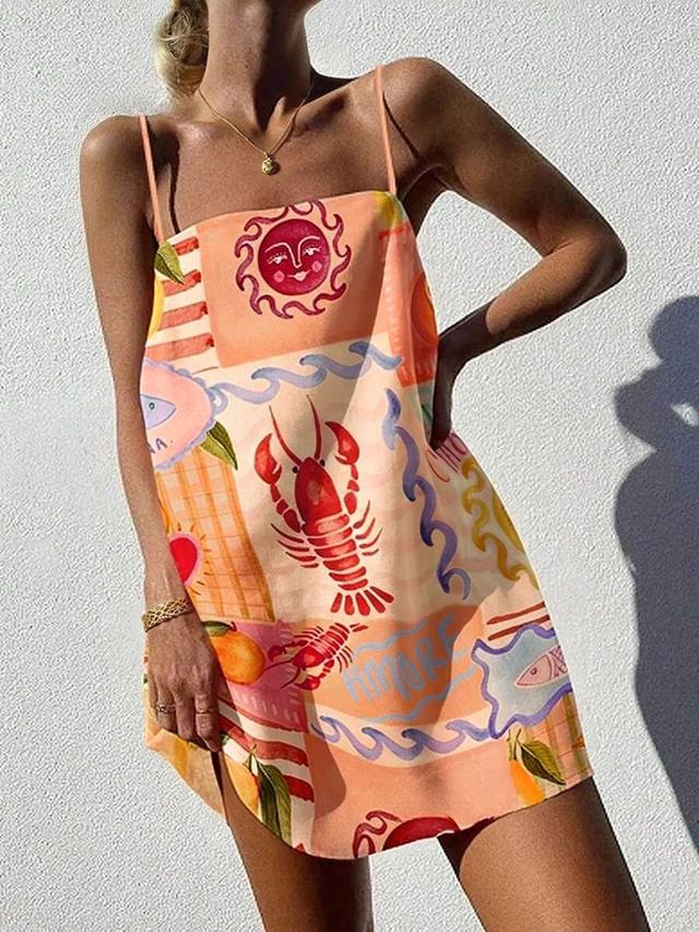casual lobster print spaghetti strap mini dress