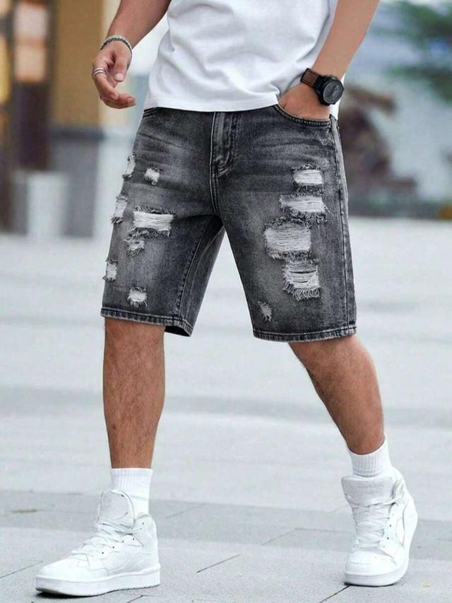 traceable cotton distressed grey denim shorts