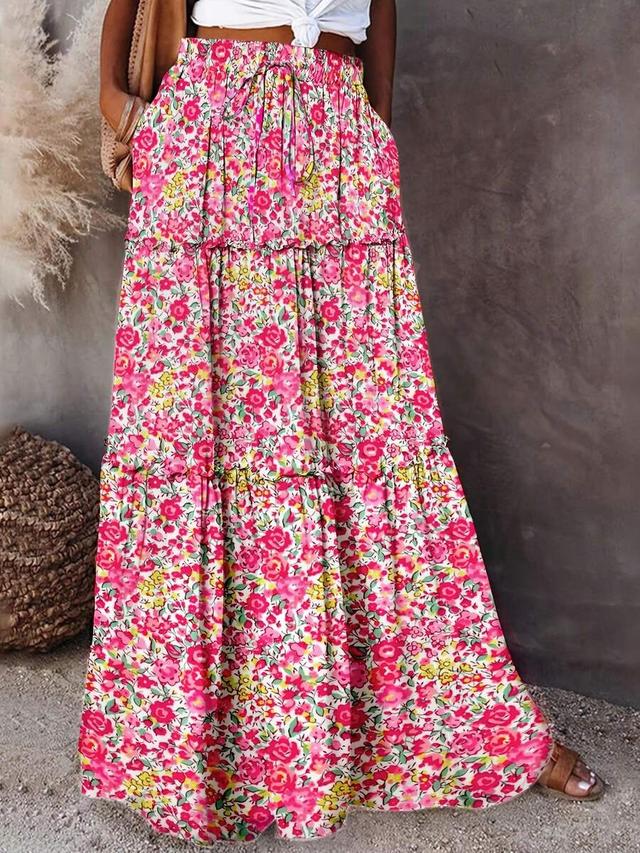 women's floral print layered ruffle hem boho skirt