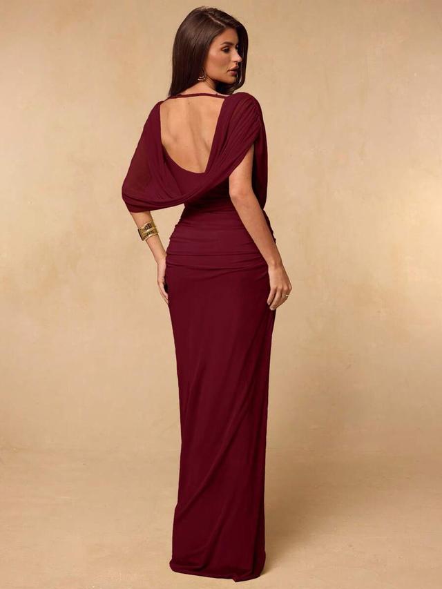 burgundy off-shoulder cowl neck ruched bodycon maxi dress