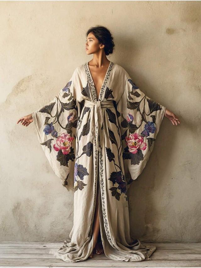 floral embroidered linen kimono style maxi dress