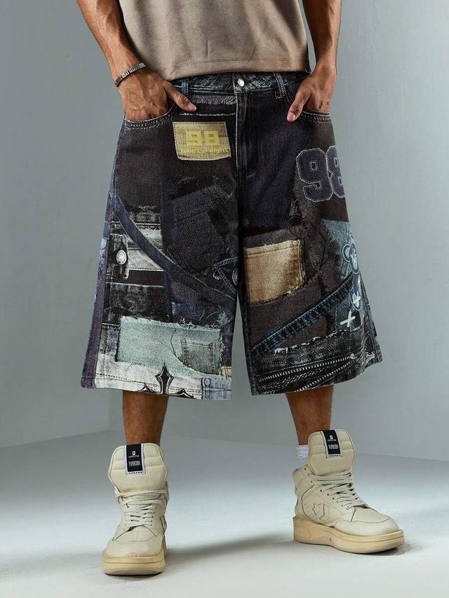 graphic print dark academy denim shorts