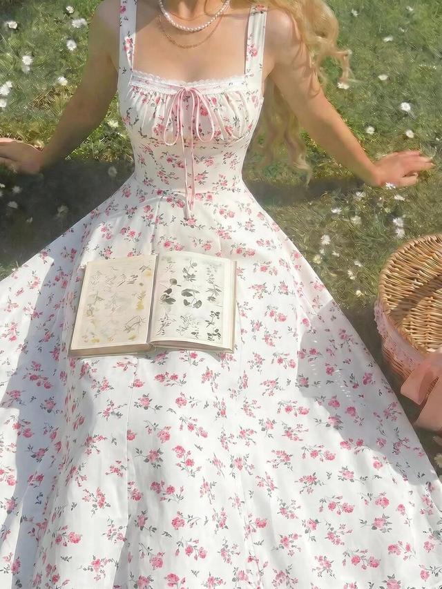 floral square neck lace front gathered back tie dress